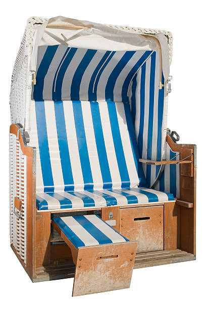 beach chair with one footstool Blue and white striped Beach chair isolated on white hooded beach chair stock pictures, royalty-free photos & images