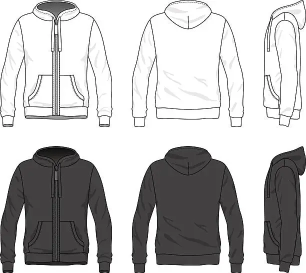 Vector illustration of Front, back and side views of blank hoodie with zipper