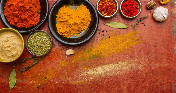 istock Spices colour for healthy on red wooden background. 484199528
