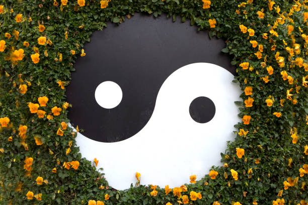 ying-yang com flores - yingyang imagens e fotografias de stock