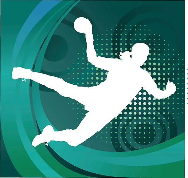 Vector illustration of Handball Player Silhouette Shooting Goal - Green Background