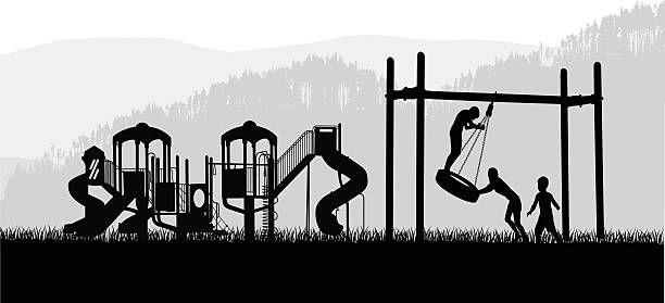 Tire Swing Child Play A vector silhouette illustration of a playground in a park with three children playing on a tire swing. tire swing stock illustrations