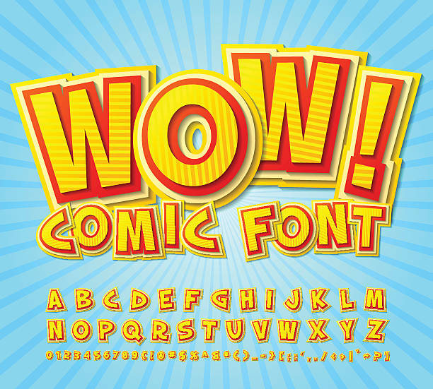 Creative high detail yellow-red comic font. Alphabe, comics, pop Multilayer funny colorful 3d letters and figures for kids' illustrations, comics, banners. comic book layout stock illustrations