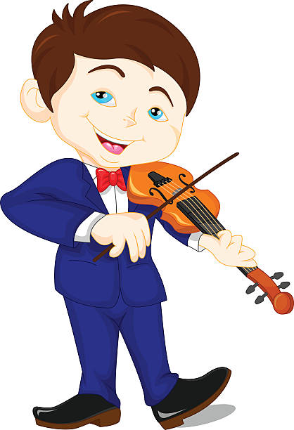 ilustraciones, imágenes clip art, dibujos animados e iconos de stock de niño atractivo jugando con un violín - little boys measuring expressing positivity intelligence