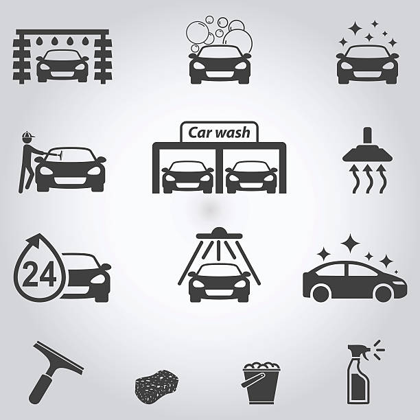 illustrazioni stock, clip art, cartoni animati e icone di tendenza di autolavaggio icone set - car wash car cleaning washing