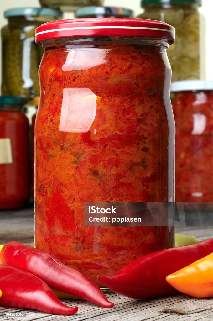 Homemade Ajvar Ajvar, a delicious roasted red pepper and eggplant dish 2015 Stock Photo