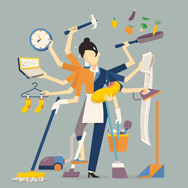 super mom Vector illustration in super mom concept, many hands working with very busy business and housework part, feeding baby, cleaning house, cooking, doing washing, working with laptop. Flat design. wife stock illustrations
