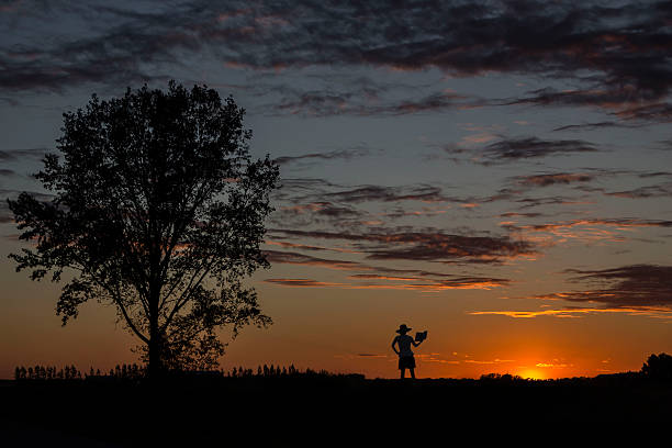 istock silhouette of lady standing next to tree reading at sunset 484260338
