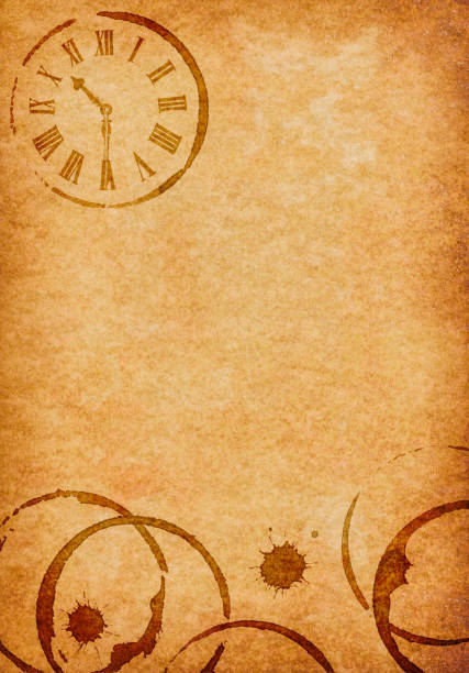 istock Coffee Stains & Clock Vellum Parchment Background 484265275
