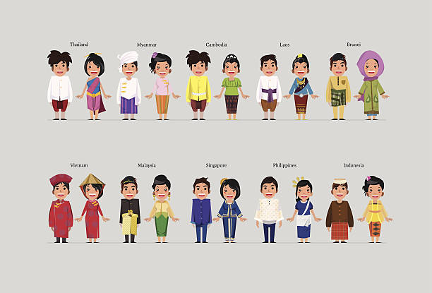 illustrazioni stock, clip art, cartoni animati e icone di tendenza di asean ragazzi e ragazze in costumi tradizionali - asian ethnicity illustrations