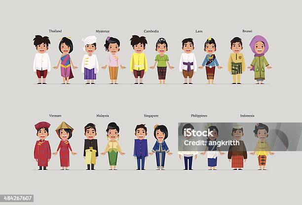 Asean Boys And Girls In Traditional Costume Stock Illustration - Download Image Now - Malaysia, Philippines, People