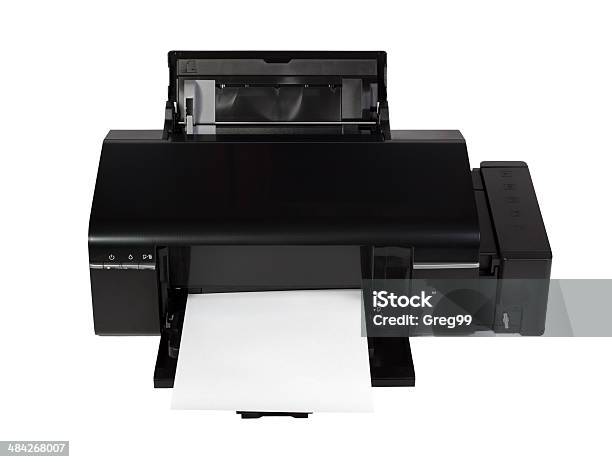 Printer And Paper Isolated On White Background Stock Photo - Download Image Now - Desk, Computer Printer, Desktop PC