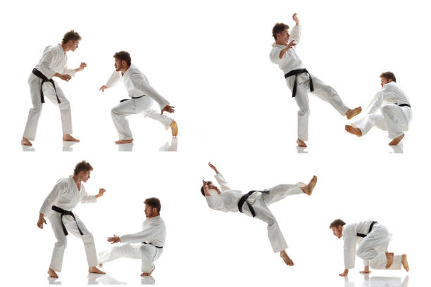 diverse attività di artisti marziali giocatori - kicking tae kwon do martial arts flying foto e immagini stock