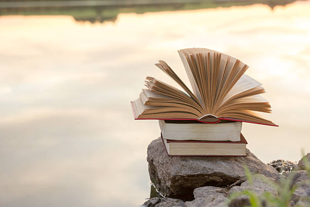 istock Stack of hardback book, Open  book on blurred nature landscape 484285362