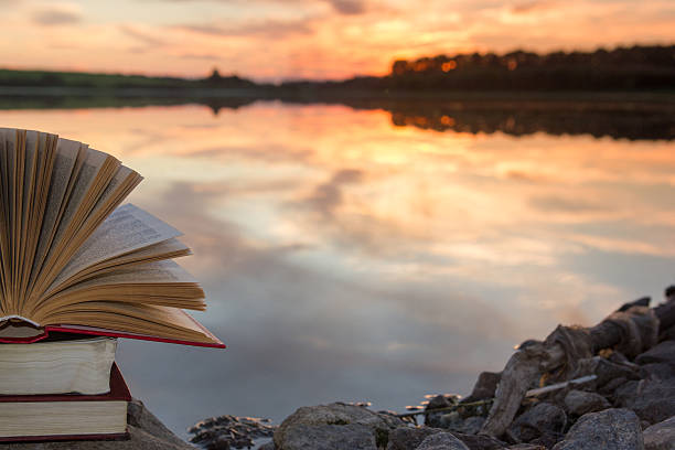 istock Stack of hardback book, Open  book on blurred nature landscape 484285376