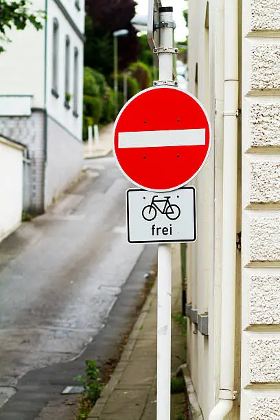 No access road sign, one-way street, free for bicycle, Street in Essen Werden, Germany.