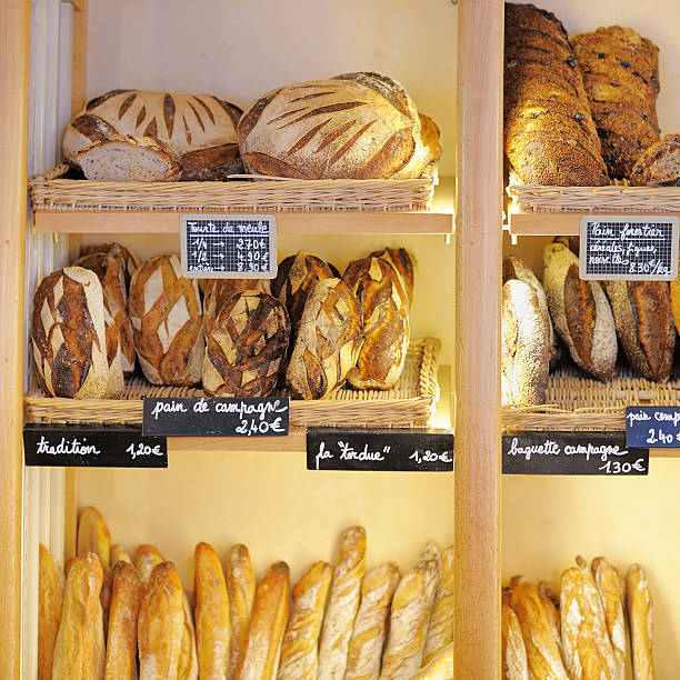 Freshly baked breads in French bakery