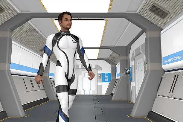 One of the crew walks through one of the corridors in the ship to get to the holodeck.