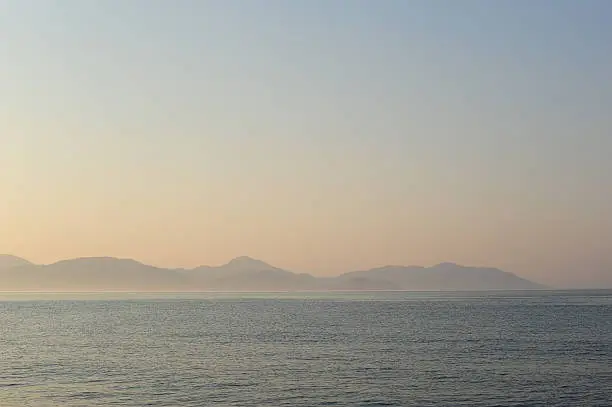 View from Sarigerme Bay in the Turkish Aegean Sea from the east, where The airport of Dalaman is also located.