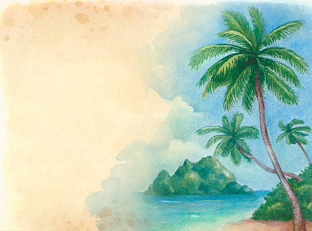 акварельный фон с иллюстрацией тропический пляж - beach retro revival old fashioned palm tree stock illustrations