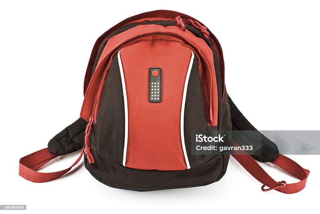 Red backpack Red backpack isolated on white Adventure Stock Photo