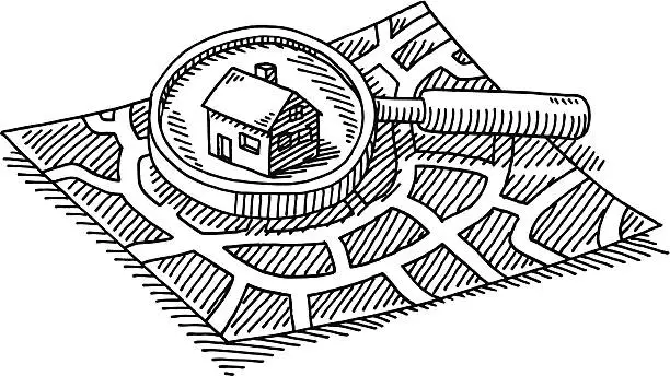 Vector illustration of City Map Finding House Loupe Drawing