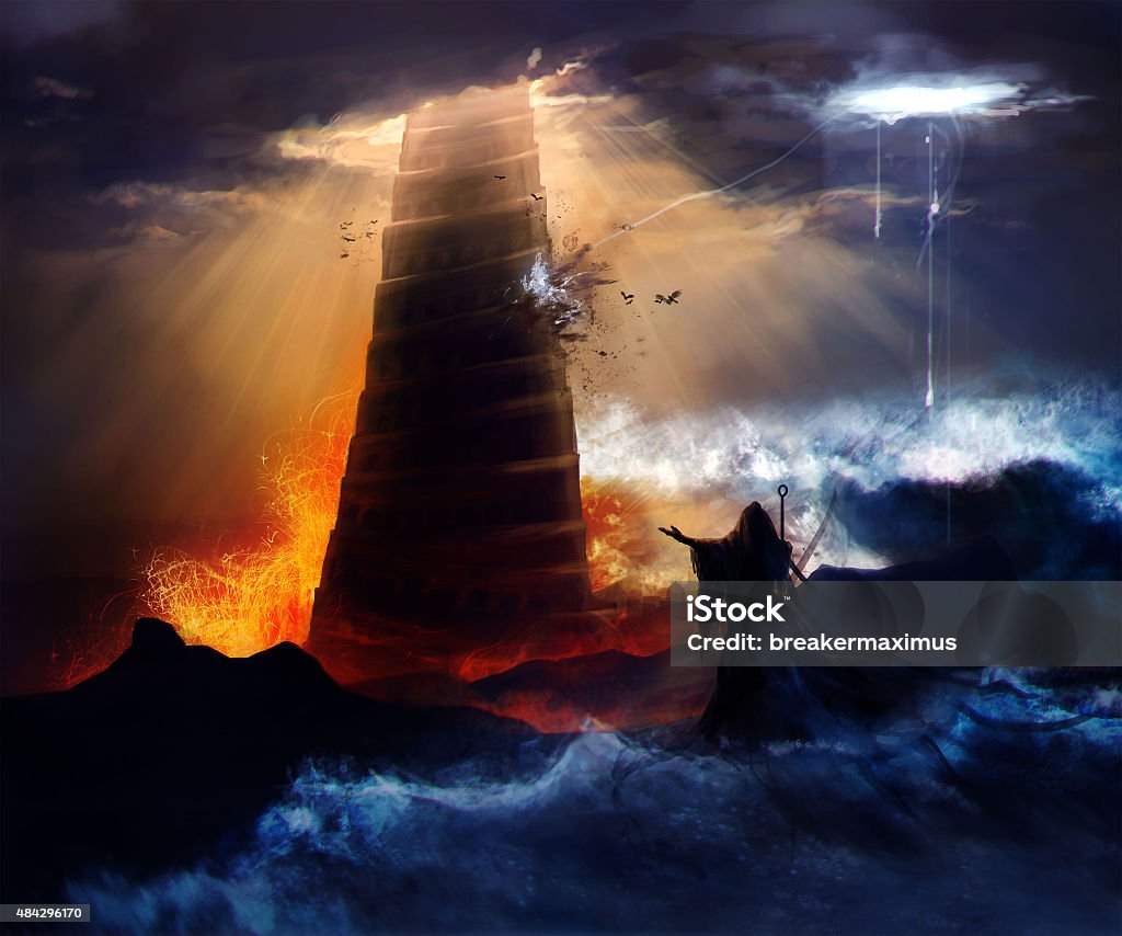 The fall of the Babylon. Sorcerer in hood standing in front of an ancient destructed Babylon tower with flood, fire & hurricane illustration. Babil stock illustration