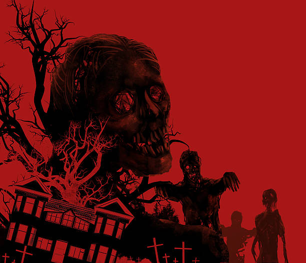 Zombies on red. Zombies walking on a red background with old house, cemetery & black tree illustration. damaged fence stock illustrations