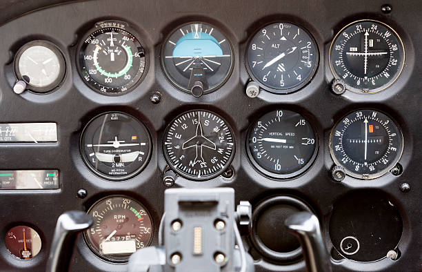 Contol panel on an airplane Flight desk control panel on a two-seated old small airplane. speedometer photos stock pictures, royalty-free photos & images
