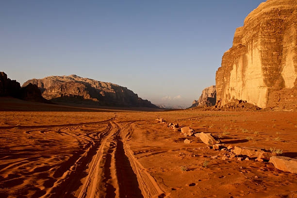 Tyre Tracks through the Sand at Sunset, Wadi Rum, Jordan stock photo