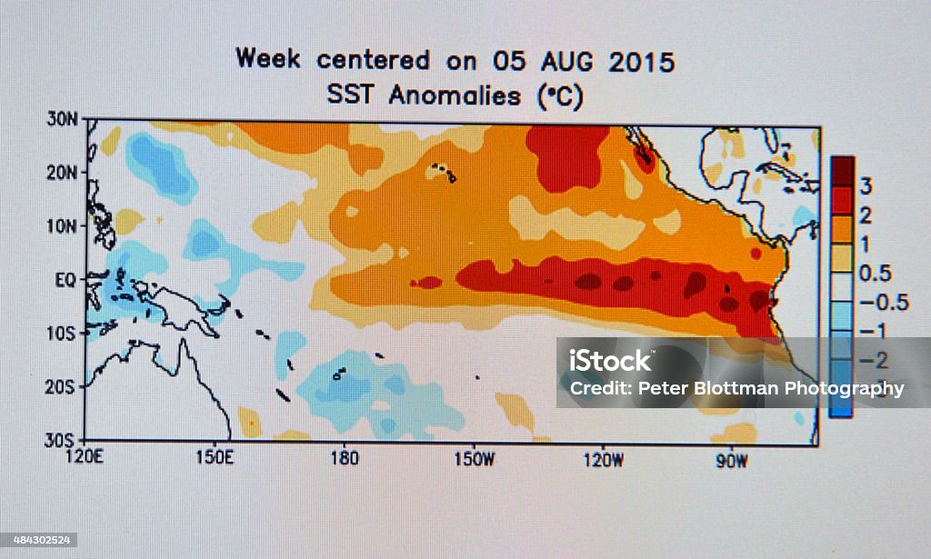 Warm Nino Bright colors on a computer screen showing the warm sea surface temperatures along the equatorial Pacific ocean signalling a developing strong El Nino. The warm sea surface temperature anomaly can result in stronger upper level winds in the southern United States and adjoining waters resulting in less hurricane activity but increased storminess in the winter. El Nino Stock Photo