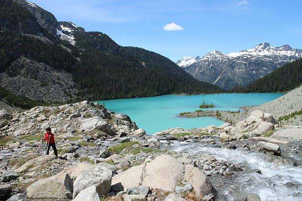 istock Woman crossing a mountain snowmelt stream 484308900