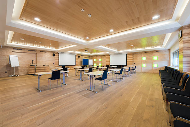 istock wooden conference room with presentation wall and projector 484309473