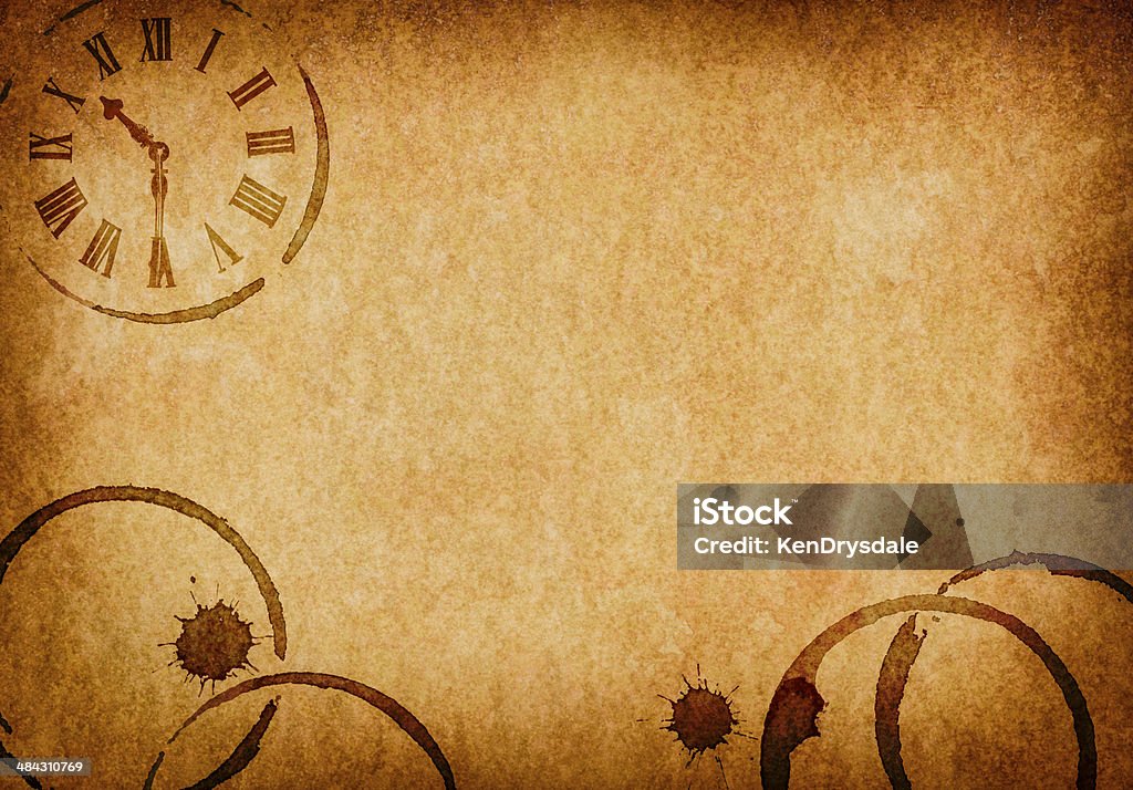 Coffee Stains & Clock Vellum Parchment Background Coffee or tea stain rings on retro antique landscape background with clock face. Ring - Jewelry Stock Photo