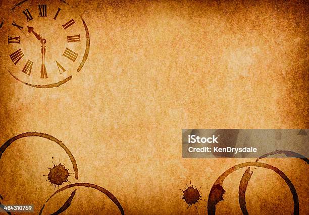 Coffee Stains Clock Vellum Parchment Background Stock Photo - Download Image Now - Ring - Jewelry, Rough, Abstract