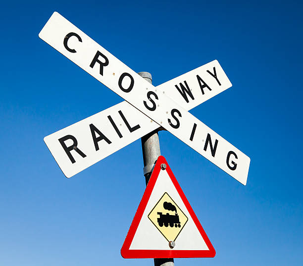 istock Railway crossing sign against a blue sky 484311197
