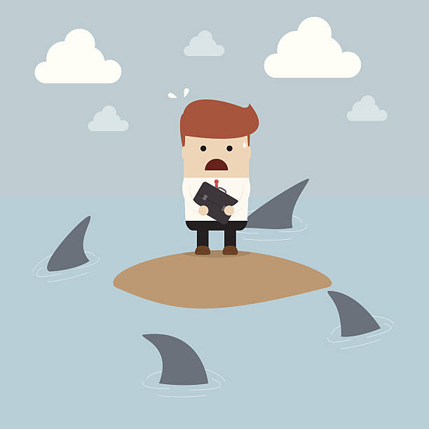 illustrazioni stock, clip art, cartoni animati e icone di tendenza di uomo d'affari isolato su un'isola circondata da squali - stranded beached beach businessman