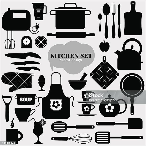 Kitchen Icons Set Of Tools Stock Illustration - Download Image Now - Oven Mitt, 2015, Abstract