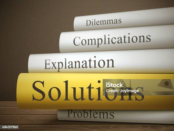 Book Title Of Solutions Isolated On A Wooden Table Stock Illustration - Download Image Now - 2015, Asking, Book