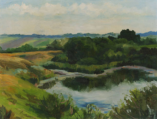 istock Summer landscape with lake. Oil painting 484322820