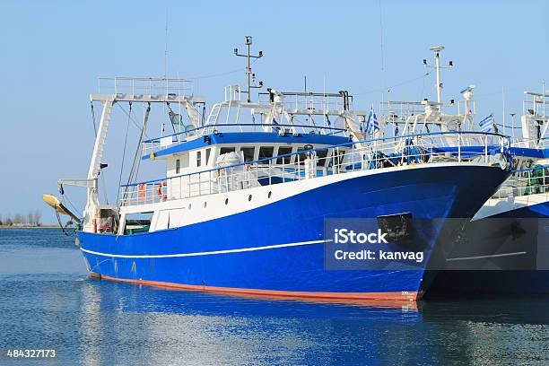 Fishing Ships Docked In Port Stock Photo - Download Image Now - Aegean Sea, Blue, Bridge - Built Structure