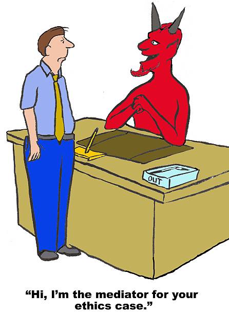 Mediation Business cartoon showing devil at a desk and a businessman in front of the desk.  Devil is saying, "Hi, I'm the mediator for your ethics case". lawyer cartoon stock illustrations