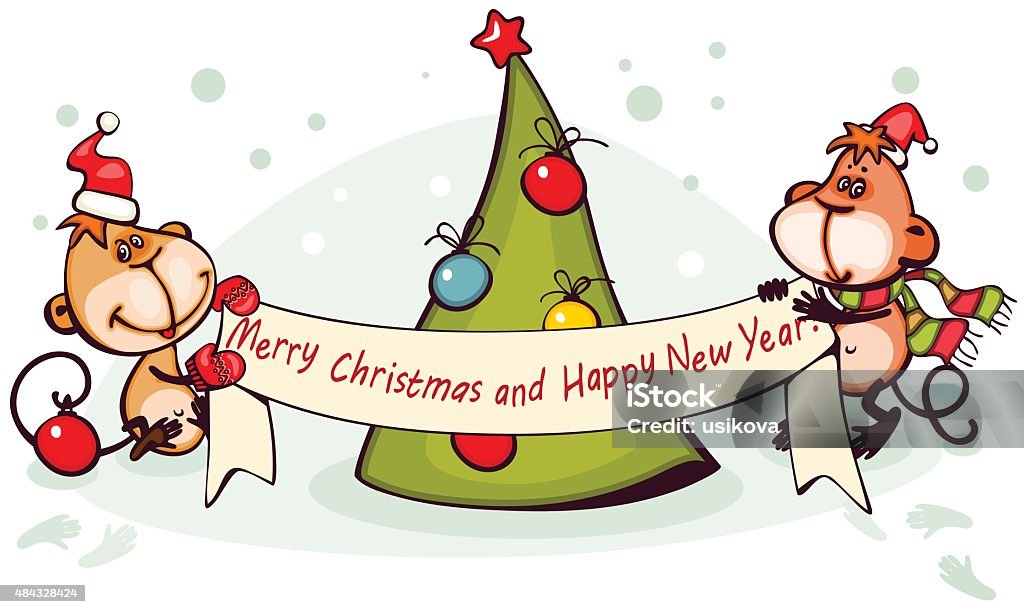 banner 2016 monkey Chinese zodiac postcard 2016 with the monkey and christmas tree. banner merry christmas and happy new year. 2015 stock vector