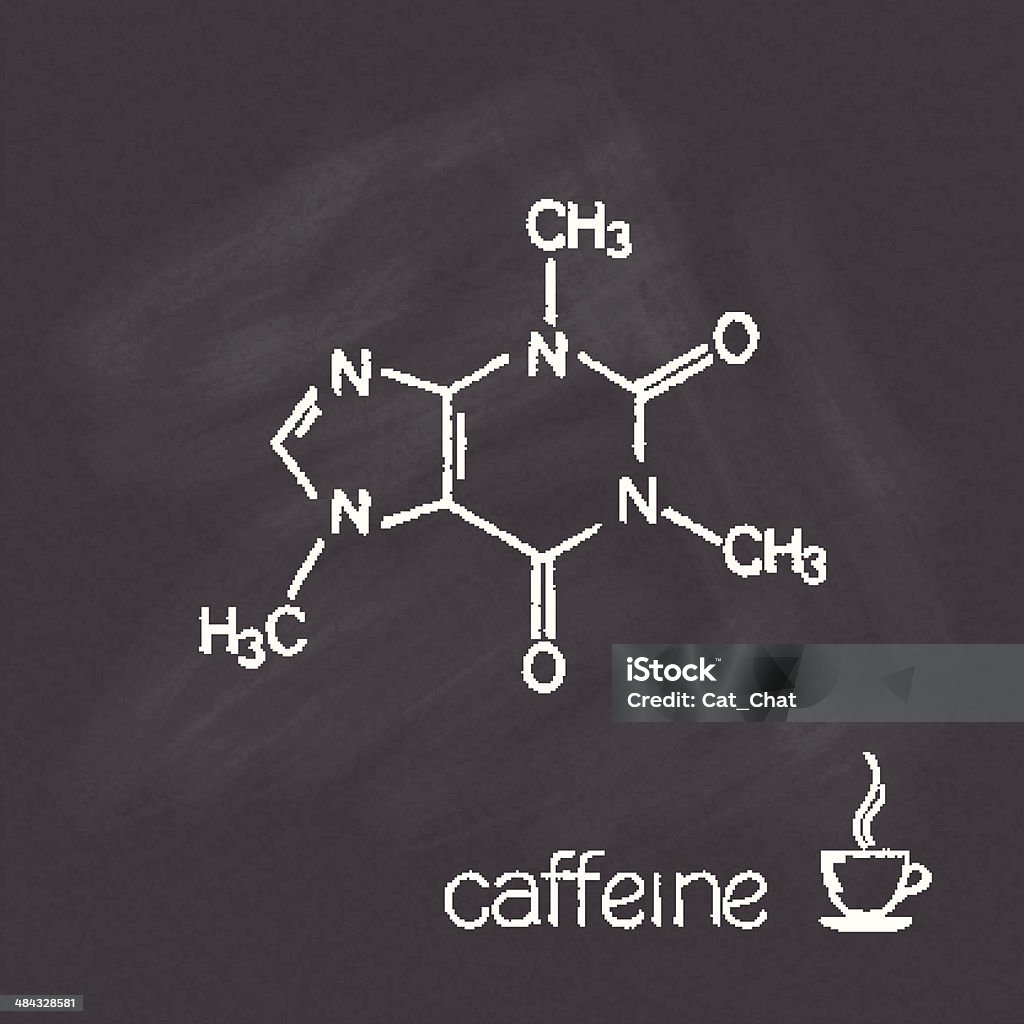Caffeine Caffeine molecule and cup of coffee chalked on blackboard Caffeine stock vector