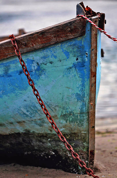 istock Old row boated moored on lake shore 484328893