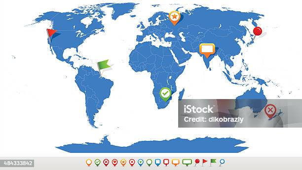 World Map And Navigation Icons Illustration Stock Illustration - Download Image Now - 2015, Africa, Asia