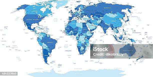 Blue World Map Borders Countries And Cities Illustration Stock Illustration - Download Image Now