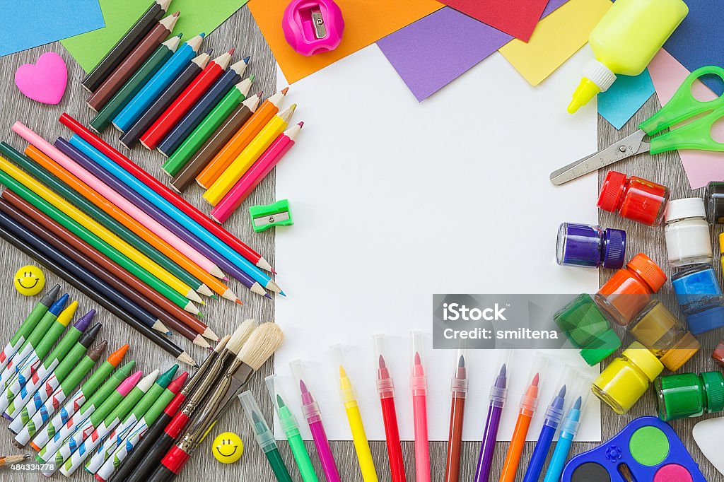 School supplies on the desk Backgrounds Stock Photo