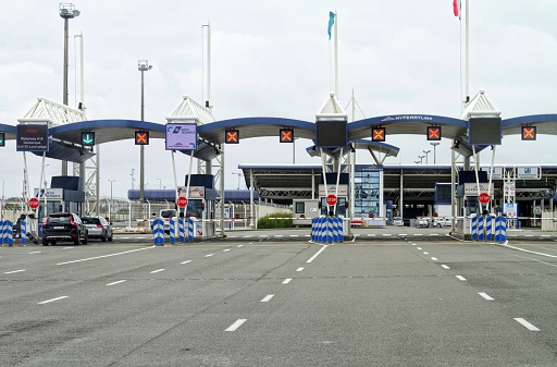 Calais, France - July 27, 2015: a few cars at border control at port of Calais , France