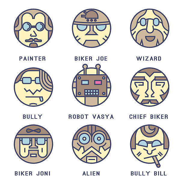 Set of icons with characters. Set of icons with characters. Bike, artist, alien, mafia, painter, abstract, magician, wanderer, roughneck, writer, avatar, creature, profile creation, intellectual. asshole stock illustrations